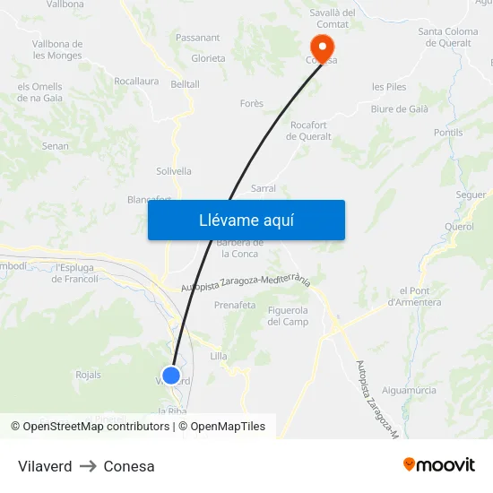 Vilaverd to Conesa map