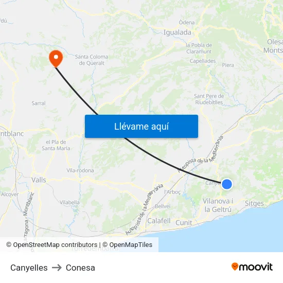 Canyelles to Conesa map