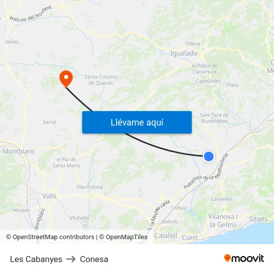 Les Cabanyes to Conesa map