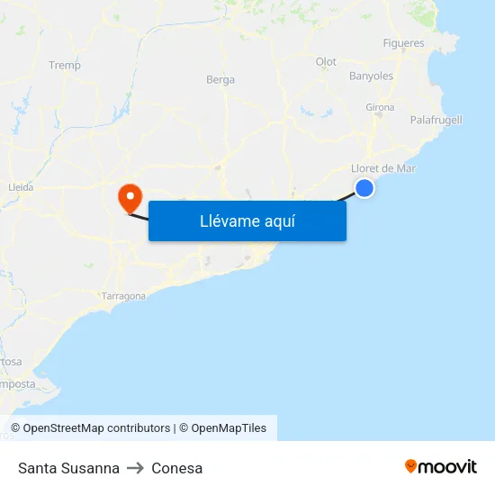 Santa Susanna to Conesa map