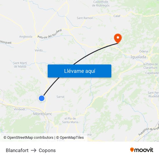 Blancafort to Copons map