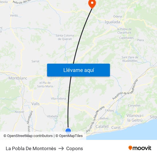 La Pobla De Montornès to Copons map