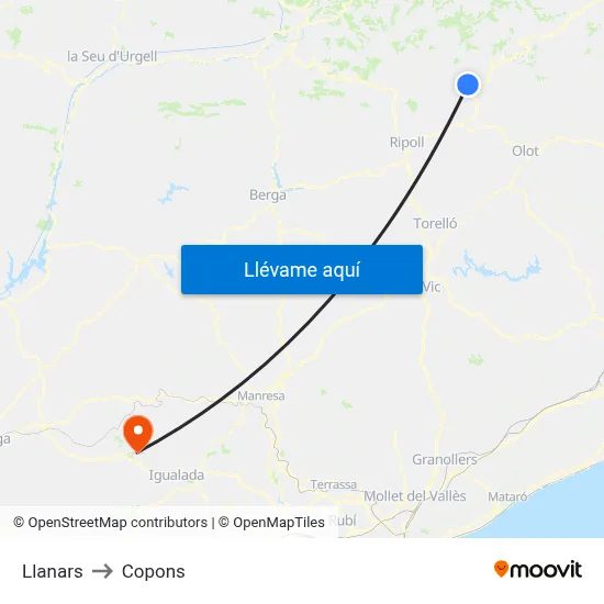Llanars to Copons map
