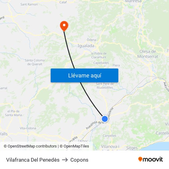 Vilafranca Del Penedès to Copons map