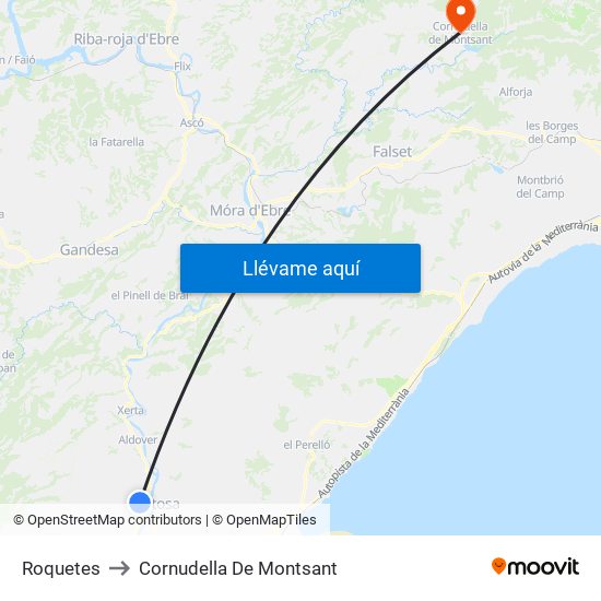 Roquetes to Cornudella De Montsant map