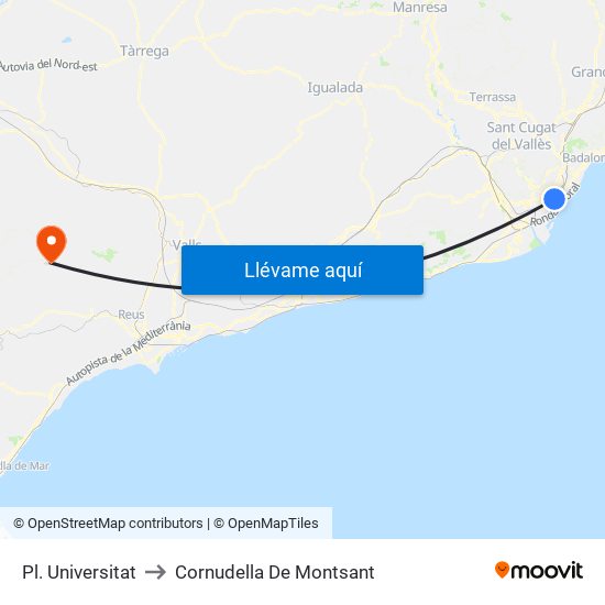 Pl. Universitat to Cornudella De Montsant map
