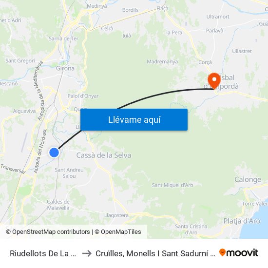 Riudellots De La Selva to Cruïlles, Monells I Sant Sadurní De L'He map
