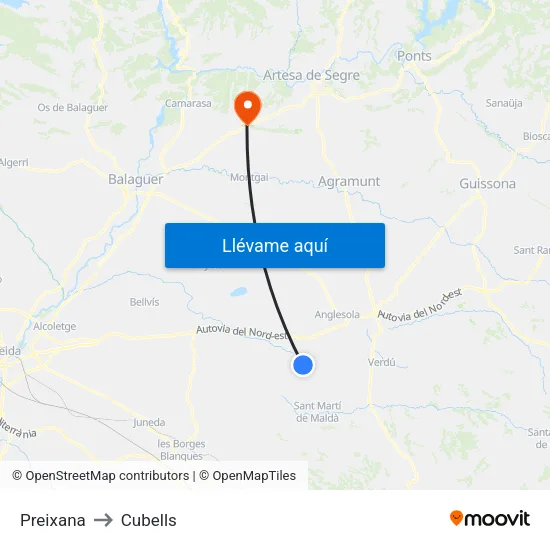Preixana to Cubells map