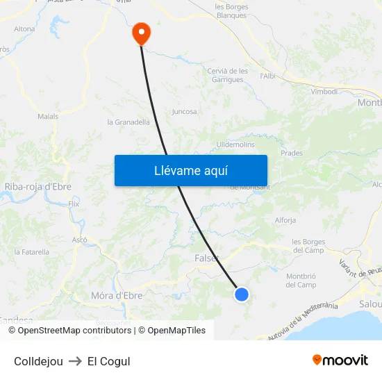 Colldejou to El Cogul map