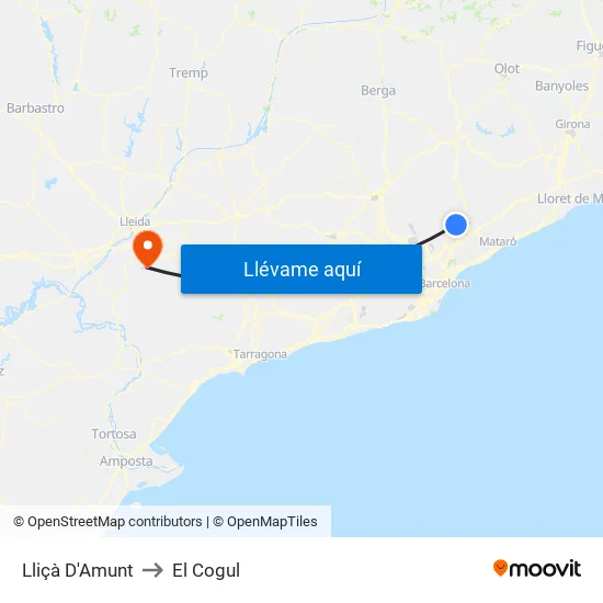 Lliçà D'Amunt to El Cogul map