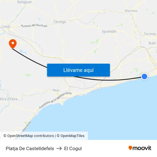 Platja De Castelldefels to El Cogul map