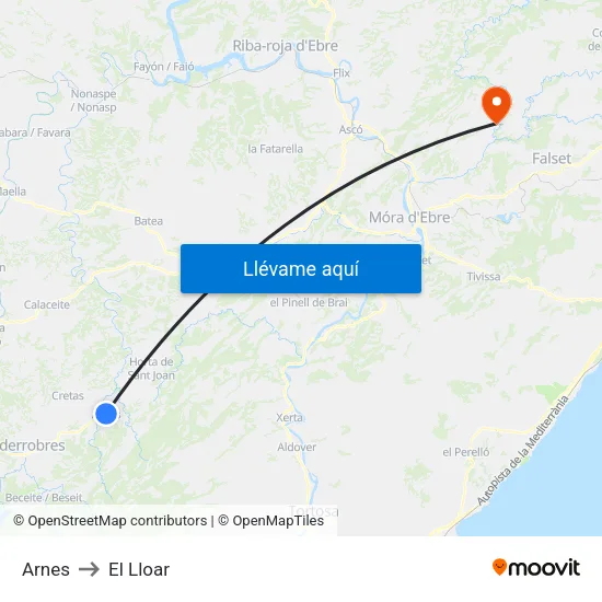 Arnes to El Lloar map