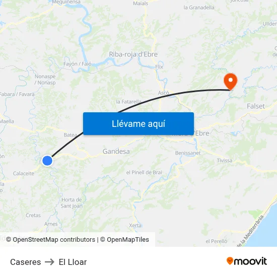 Caseres to El Lloar map