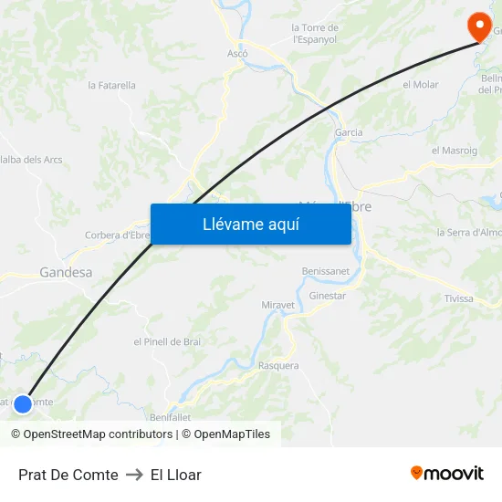 Prat De Comte to El Lloar map