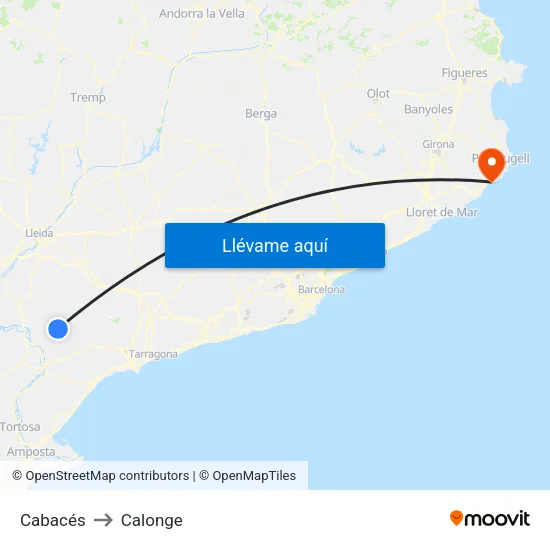 Cabacés to Calonge map