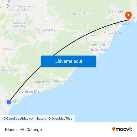 Blanes to Calonge map