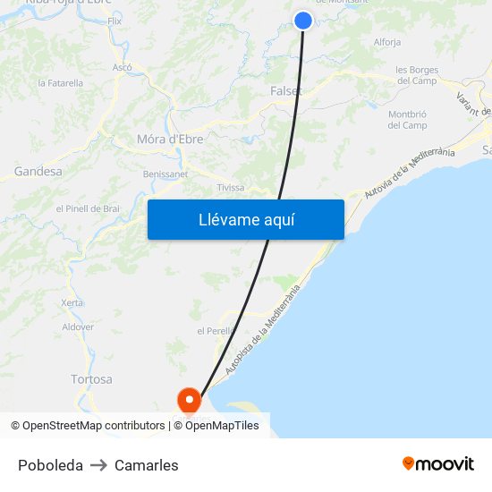 Poboleda to Camarles map