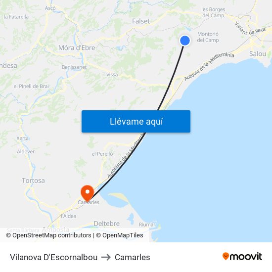 Vilanova D'Escornalbou to Camarles map
