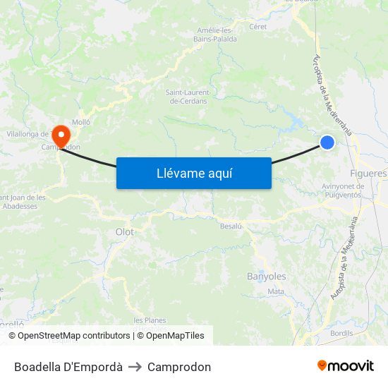 Boadella D'Empordà to Camprodon map