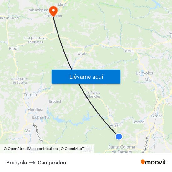 Brunyola to Camprodon map