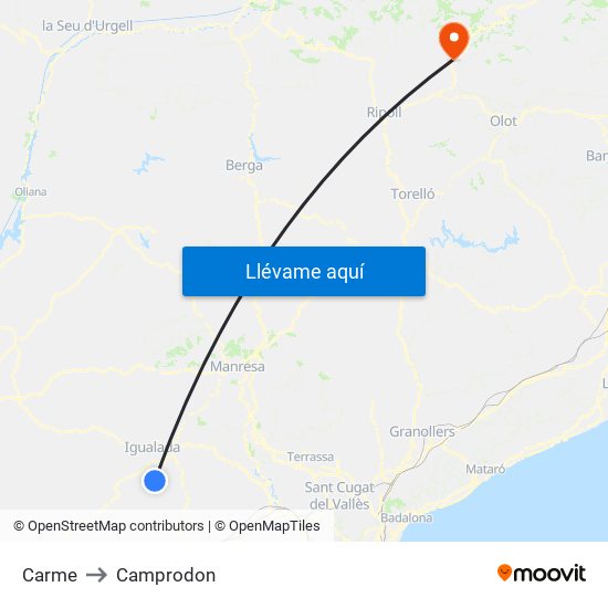 Carme to Camprodon map