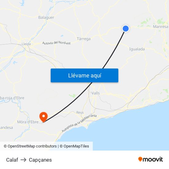 Calaf to Capçanes map