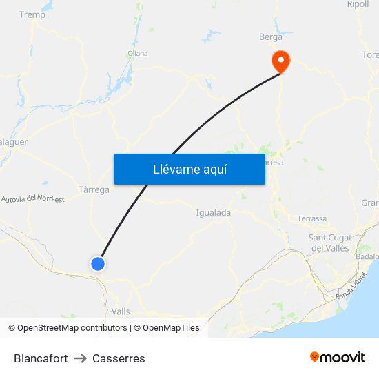 Blancafort to Casserres map