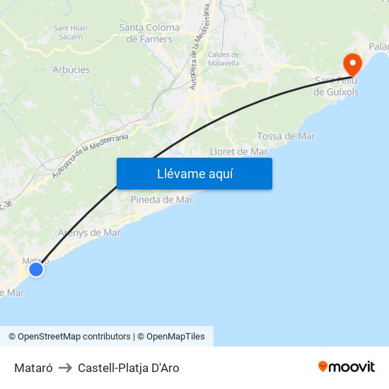 Mataró to Castell-Platja D'Aro map