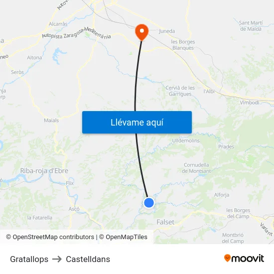 Gratallops to Castelldans map