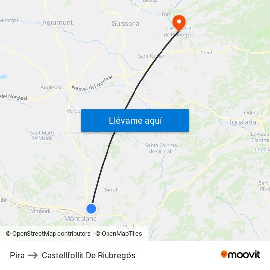 Pira to Castellfollit De Riubregós map