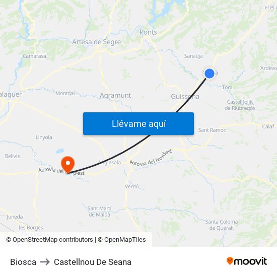 Biosca to Castellnou De Seana map
