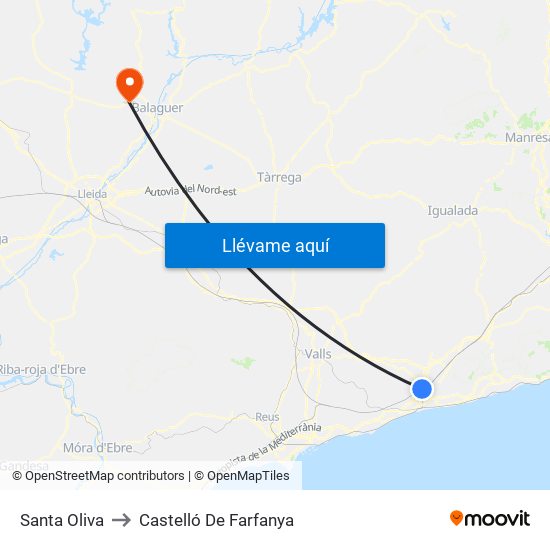 Santa Oliva to Castelló De Farfanya map