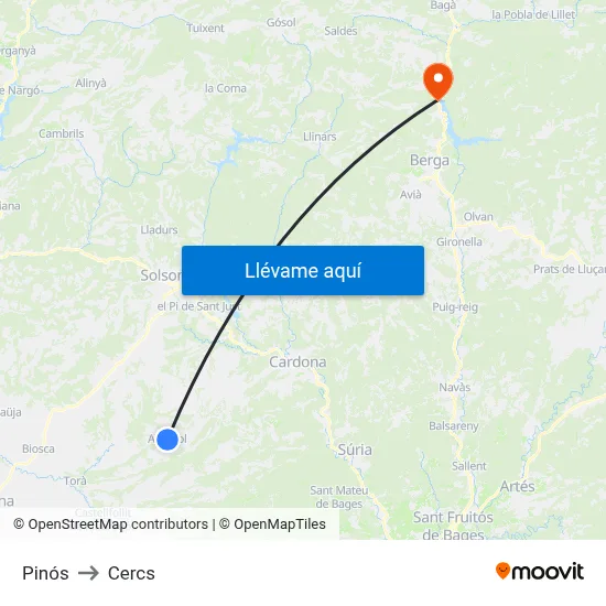 Pinós to Cercs map