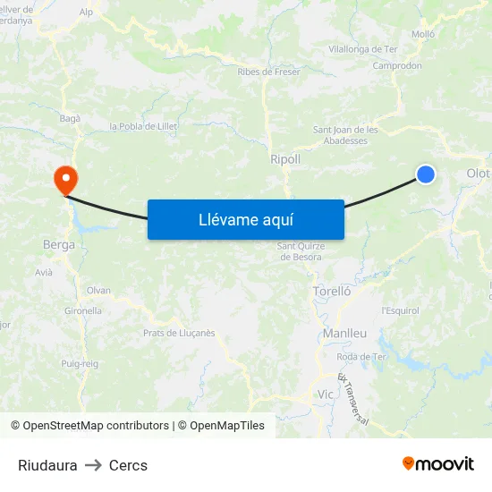 Riudaura to Cercs map