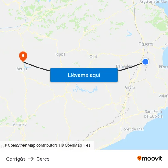 Garrigàs to Cercs map