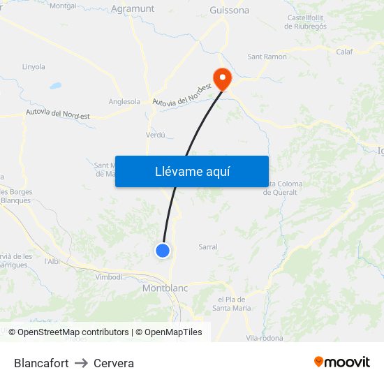 Blancafort to Cervera map
