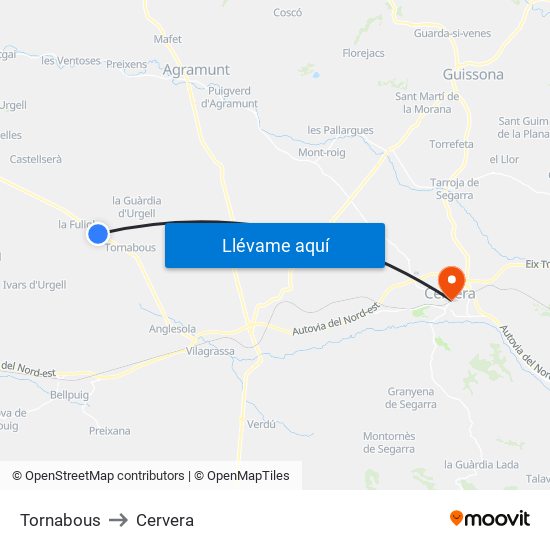 Tornabous to Cervera map