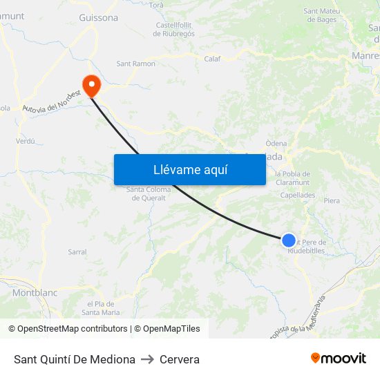 Sant Quintí De Mediona to Cervera map