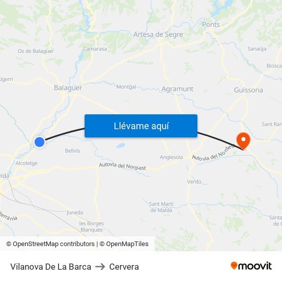 Vilanova De La Barca to Cervera map
