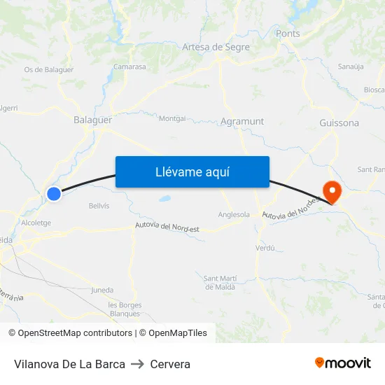 Vilanova De La Barca to Cervera map