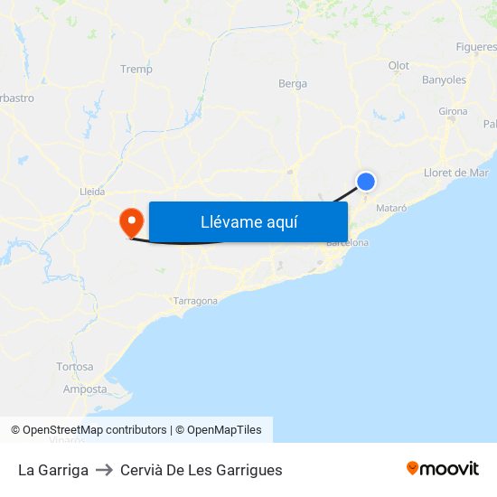 La Garriga to Cervià De Les Garrigues map