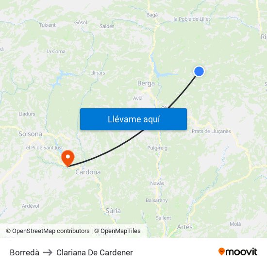 Borredà to Clariana De Cardener map