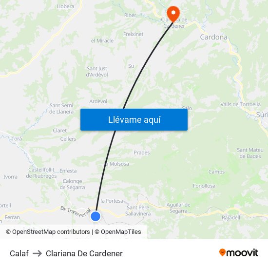 Calaf to Clariana De Cardener map