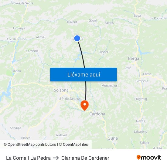 La Coma I La Pedra to Clariana De Cardener map