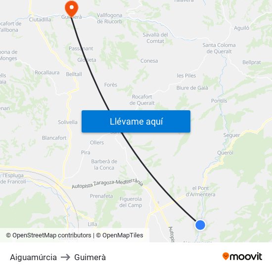 Aiguamúrcia to Guimerà map