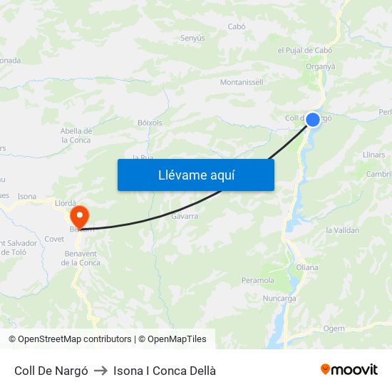 Coll De Nargó to Isona I Conca Dellà map