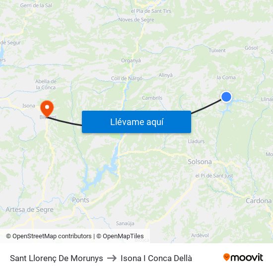 Sant Llorenç De Morunys to Isona I Conca Dellà map