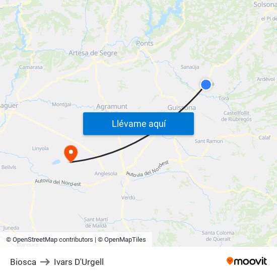 Biosca to Ivars D'Urgell map
