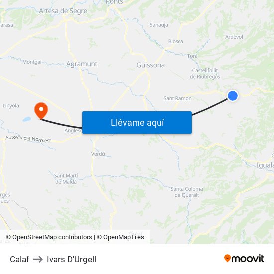 Calaf to Ivars D'Urgell map