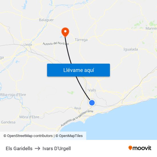 Els Garidells to Ivars D'Urgell map
